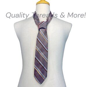 Vintage Christian Dior Striped Silk Tie Gray W/ Burgundy & Blue Accents